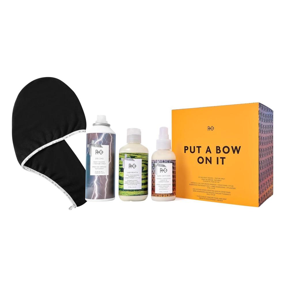 R+Co Haircare Gift Set – Texturizing Shampoo + Conditioner + Styler, Leave-In Conditioner for Frizz Control, Root Lift Texture Spray, Hair Wrap Towel – Vegan, Sulfate-Free, Cruelty-Free Hair Set