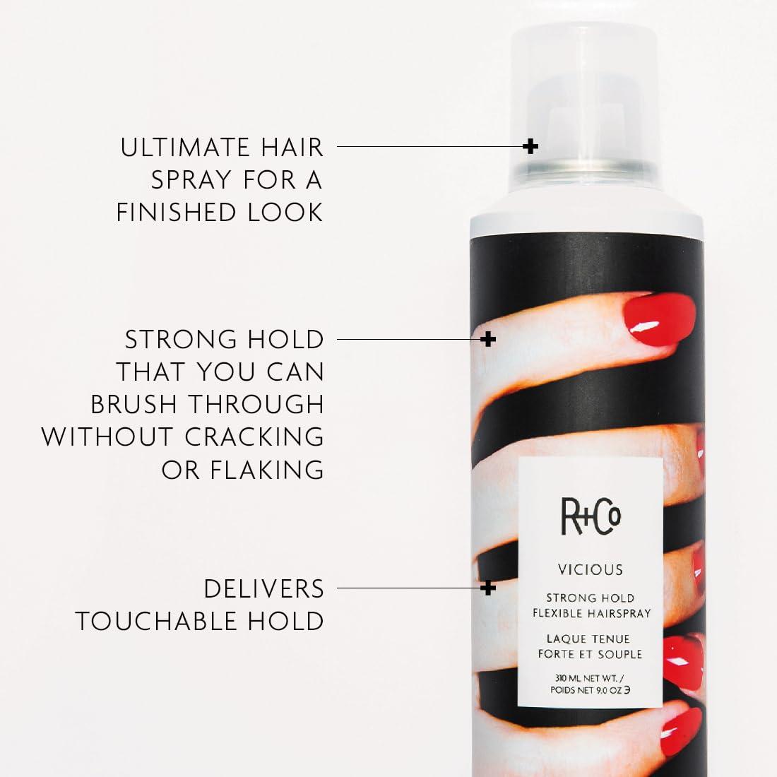 R+Co VICIOUS Strong Hold Flexible Hairspray – Long-Lasting Hold & Flexibility, Controls Frizz & Adds Shine, All Hair Types(9.5 Fl Oz (Pack of 1))